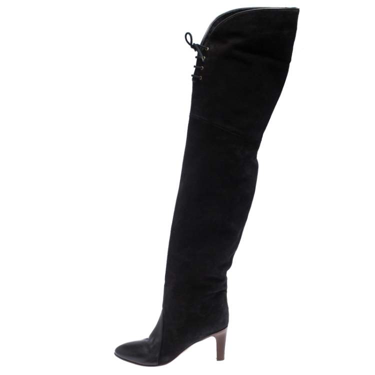 مملوكة مسبقًا Chloe Black Suede Leather Thigh Length Boots Size 39