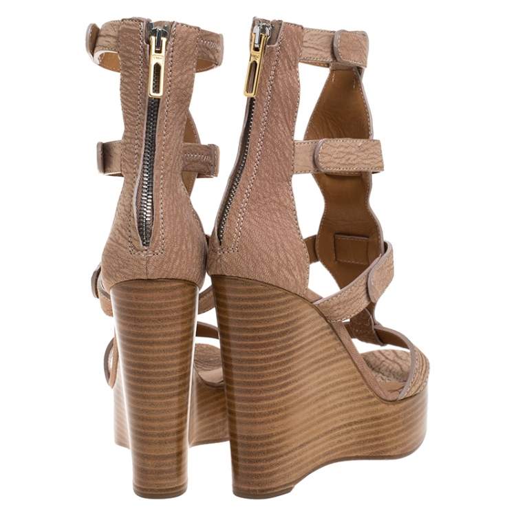 Pre Owned Chloe Beige/Brown Textured Nubuck Gladiator Platform Sandals Size 38