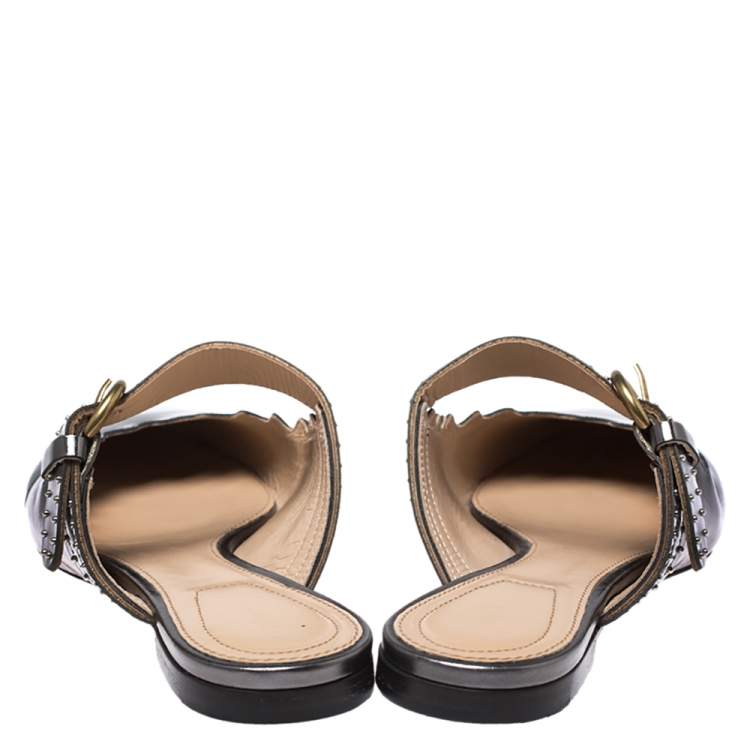 Pre Owned Chloe Metallic Grey Foil Leather Lauren Buckle Strap Flat Slides Size 36