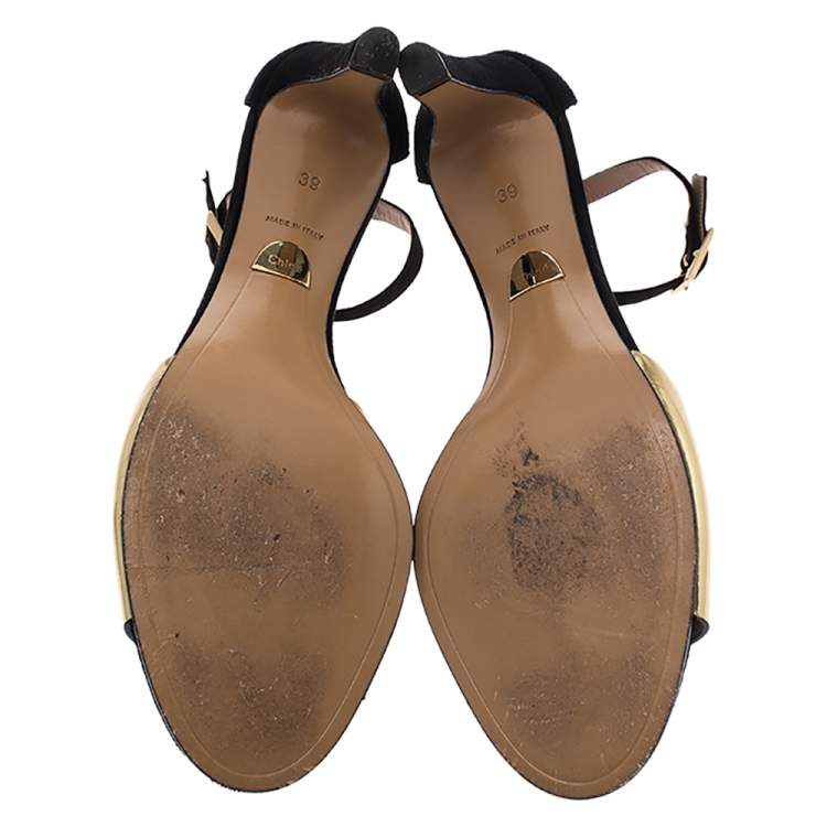 Pre Owned Chloe Metallic Gold Leather and Suede Ankle Strap Sandals Size 39