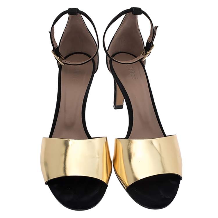 Pre Owned Chloe Metallic Gold Leather and Suede Ankle Strap Sandals Size 39