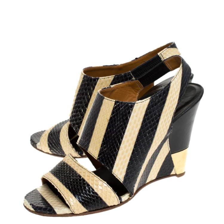 Pre Owned Chloe Cream/Black Striped Python Leather Ayers Wedge Slingback Sandals Size 37.5