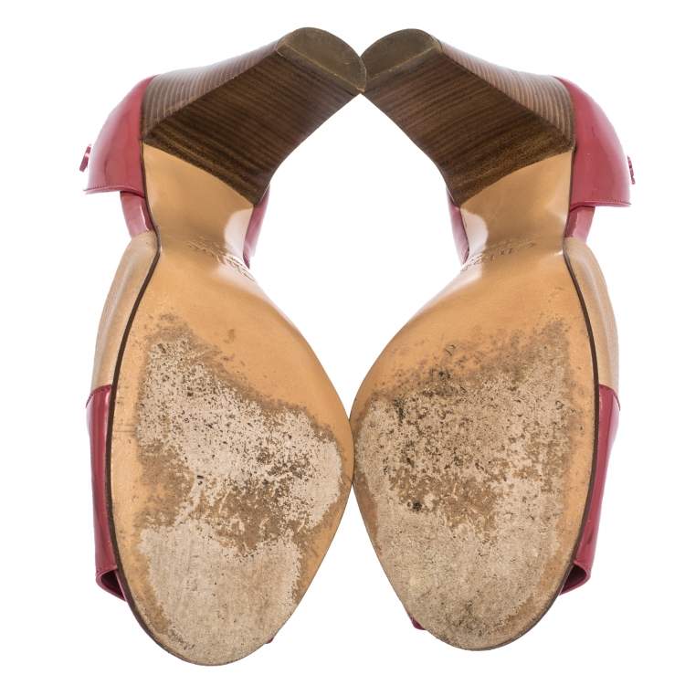 Pre Owned Chloe Rose Pink/Beige Patent Leather Peep Toe D'orsay Sandals Size 38.5