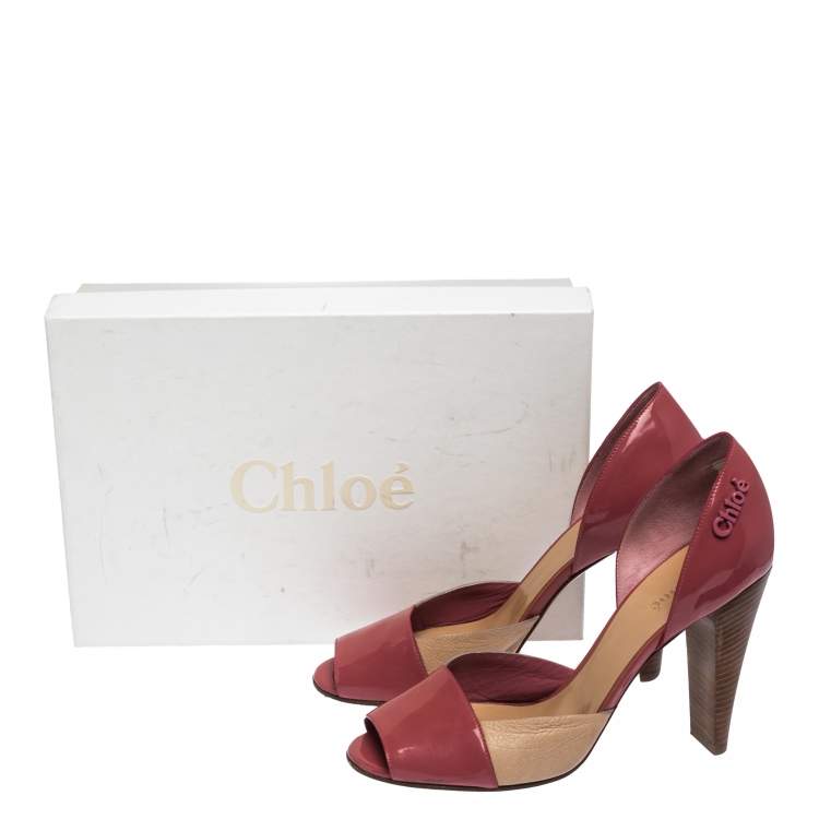 Pre Owned Chloe Rose Pink/Beige Patent Leather Peep Toe D'orsay Sandals Size 38.5