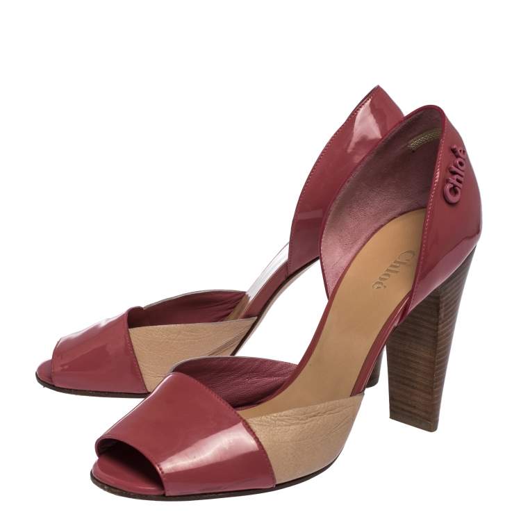Pre Owned Chloe Rose Pink/Beige Patent Leather Peep Toe D'orsay Sandals Size 38.5