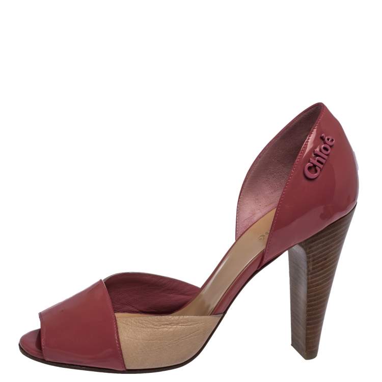 Pre Owned Chloe Rose Pink/Beige Patent Leather Peep Toe D'orsay Sandals Size 38.5