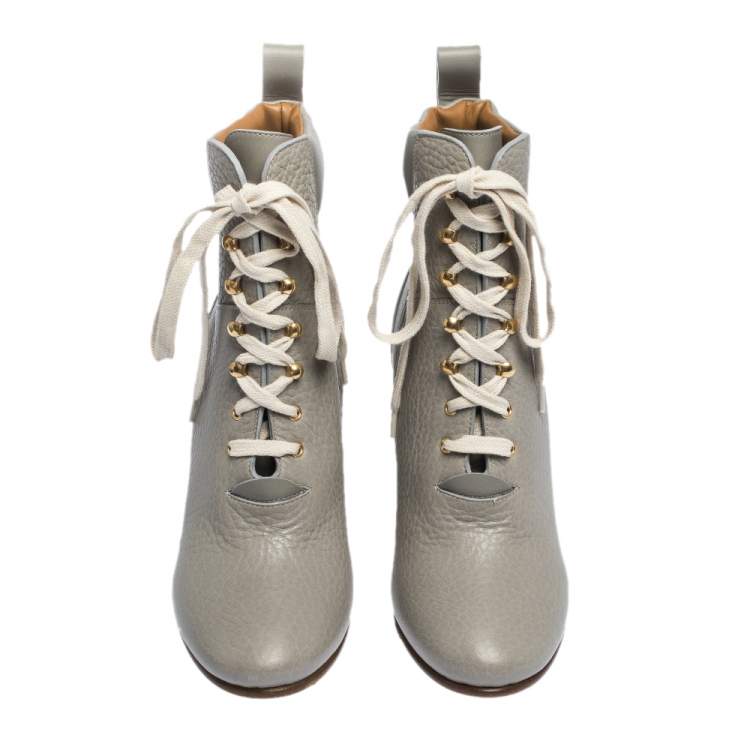 مملوكة مسبقًا Chloe Grey Leather Lace Up Wedge Ankle Boots Size 37.5