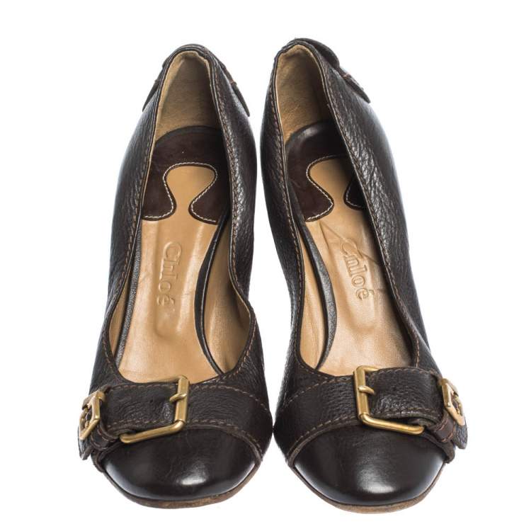 Pre Owned Chloe Brown Leather Buckle Detail Pumps Size 37