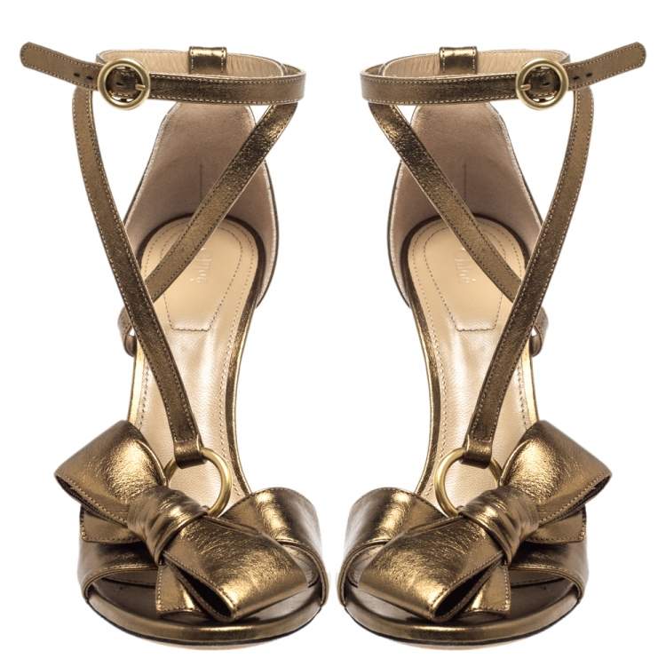 Pre Owned Chloe Metallic Bronze Leather Bow Detail Ankle Strap Sandals Size 38