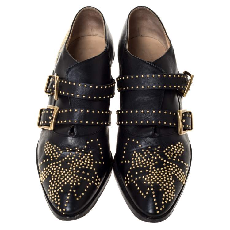 Pre Owned Chloe Black Leather Suzanna Studded Double Buckle Detail Loafers Size 40