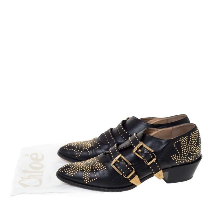 Pre Owned Chloe Black Leather Suzanna Studded Double Buckle Detail Loafers Size 40