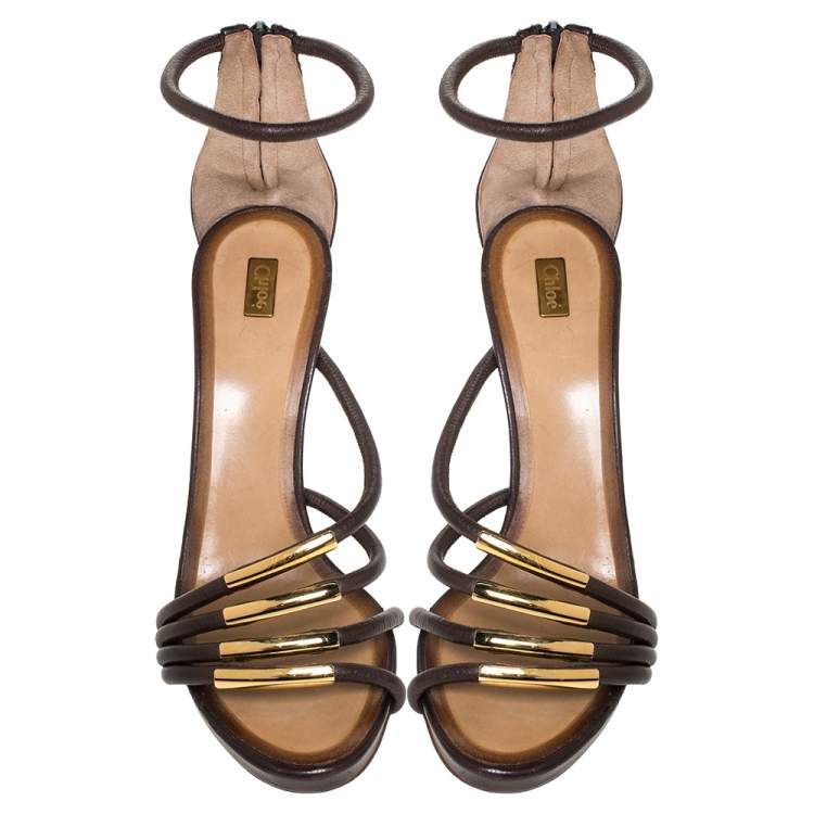 Pre Owned Chloe Brown Leather Strappy Ankle Strap Sandals Size 39.5