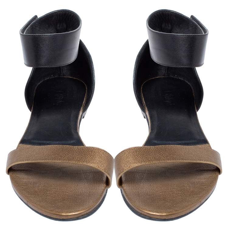Pre Owned Chloe Black/Brown Leather Ankle Cuff Flat Sandals Size 40