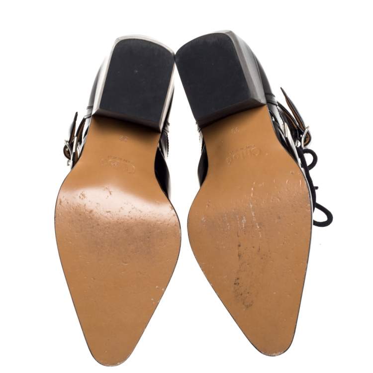 مملوكة مسبقًا Chloe Black Leather Serina Lace Up Buckle Detail Block Heel Ankle Boots Size 39