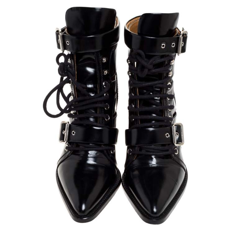 مملوكة مسبقًا Chloe Black Leather Serina Lace Up Buckle Detail Block Heel Ankle Boots Size 39