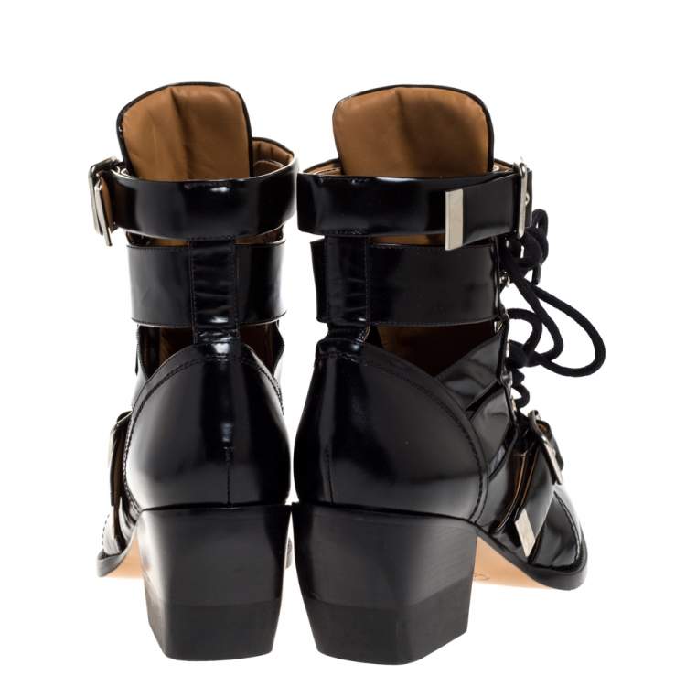 مملوكة مسبقًا Chloe Black Leather Serina Lace Up Buckle Detail Block Heel Ankle Boots Size 39