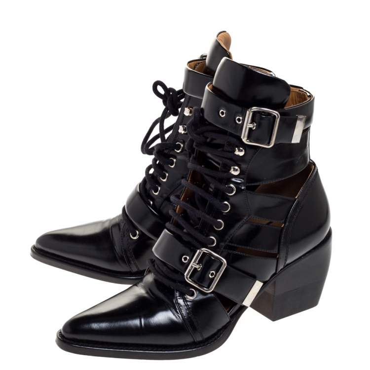 مملوكة مسبقًا Chloe Black Leather Serina Lace Up Buckle Detail Block Heel Ankle Boots Size 39