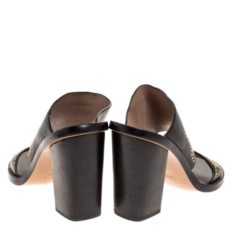 Pre Owned Chloe Black Studded Leather Block Heel Slide Sandals Size 38.5