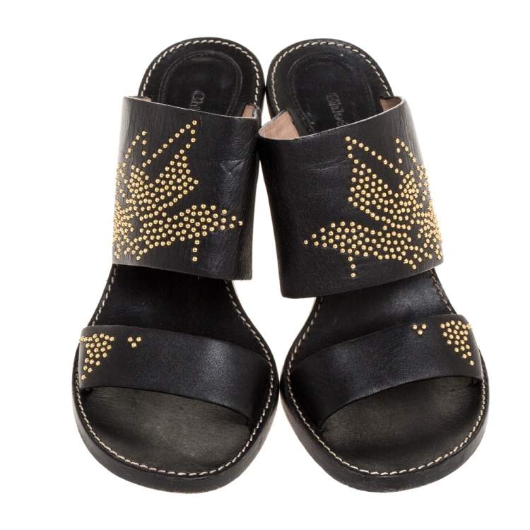 Pre Owned Chloe Black Studded Leather Block Heel Slide Sandals Size 38.5