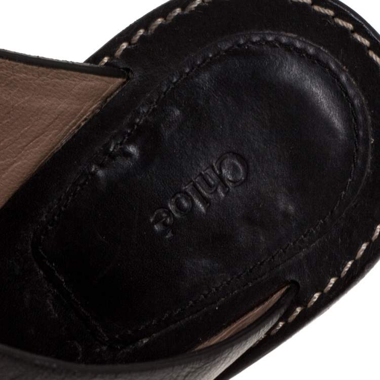Pre Owned Chloe Black Studded Leather Block Heel Slide Sandals Size 38.5