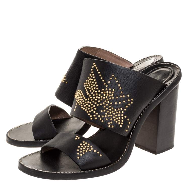 Pre Owned Chloe Black Studded Leather Block Heel Slide Sandals Size 38.5