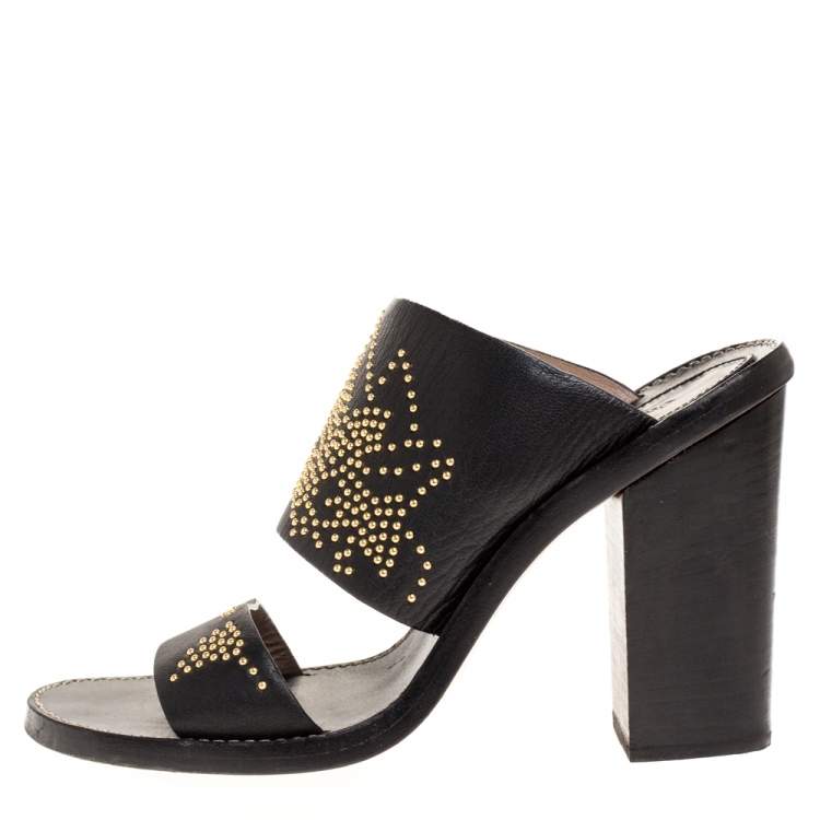 Pre Owned Chloe Black Studded Leather Block Heel Slide Sandals Size 38.5