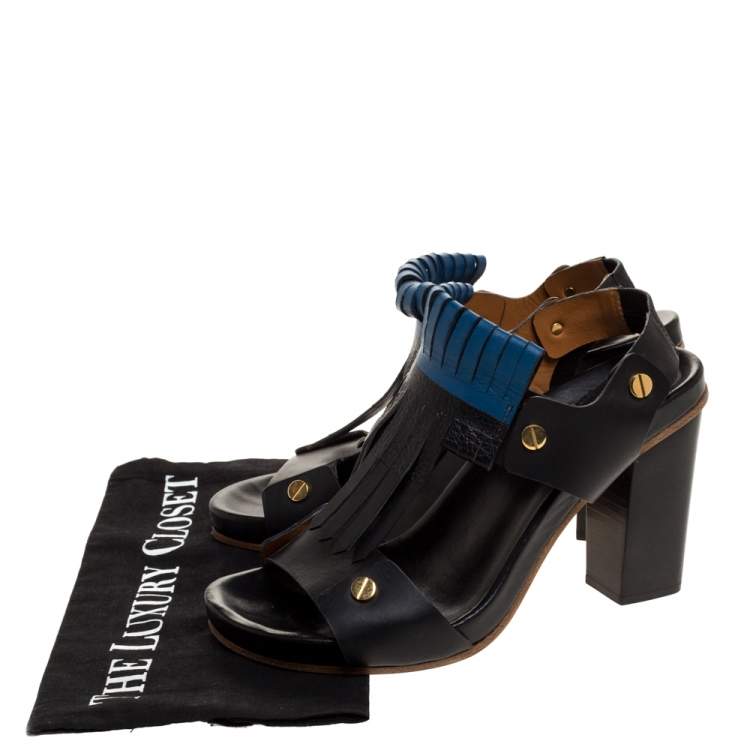 Pre Owned Chloe Black/Blue Leather Fringe Block Heel Sandals Size 39.5