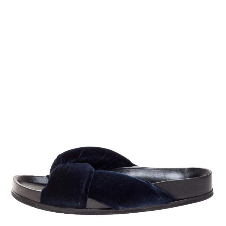 Pre Owned Chloe Black Velvet Knotted Slip On Flat Slides Size 38