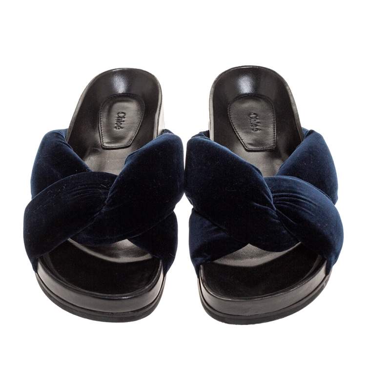 Pre Owned Chloe Black Velvet Knotted Slip On Flat Slides Size 38