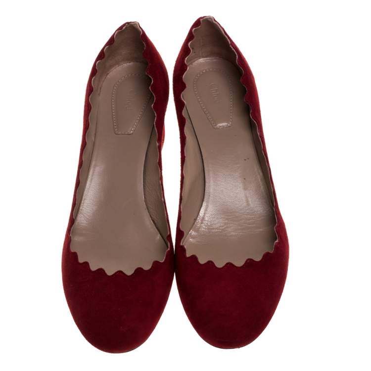 Pre Owned Chloe Red Suede Lauren Scallop Trim Block Heel Pumps Size 38