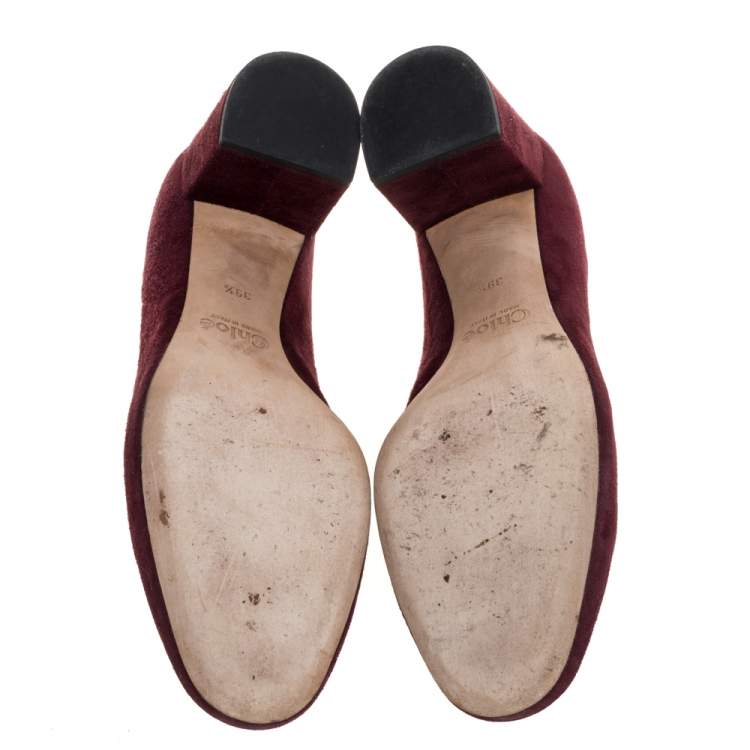Pre Owned Chloe Burgundy Suede Lauren Scallop Trim Block Heel Pumps Size 39.5