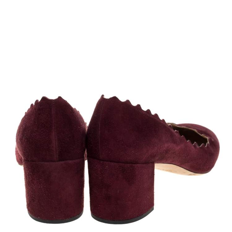 Pre Owned Chloe Burgundy Suede Lauren Scallop Trim Block Heel Pumps Size 39.5