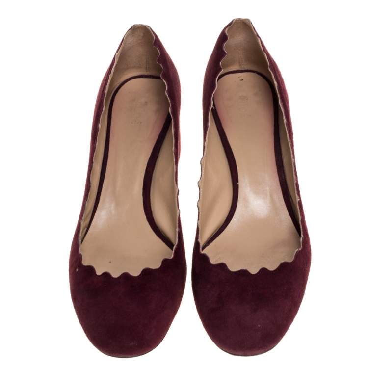 Pre Owned Chloe Burgundy Suede Lauren Scallop Trim Block Heel Pumps Size 39.5