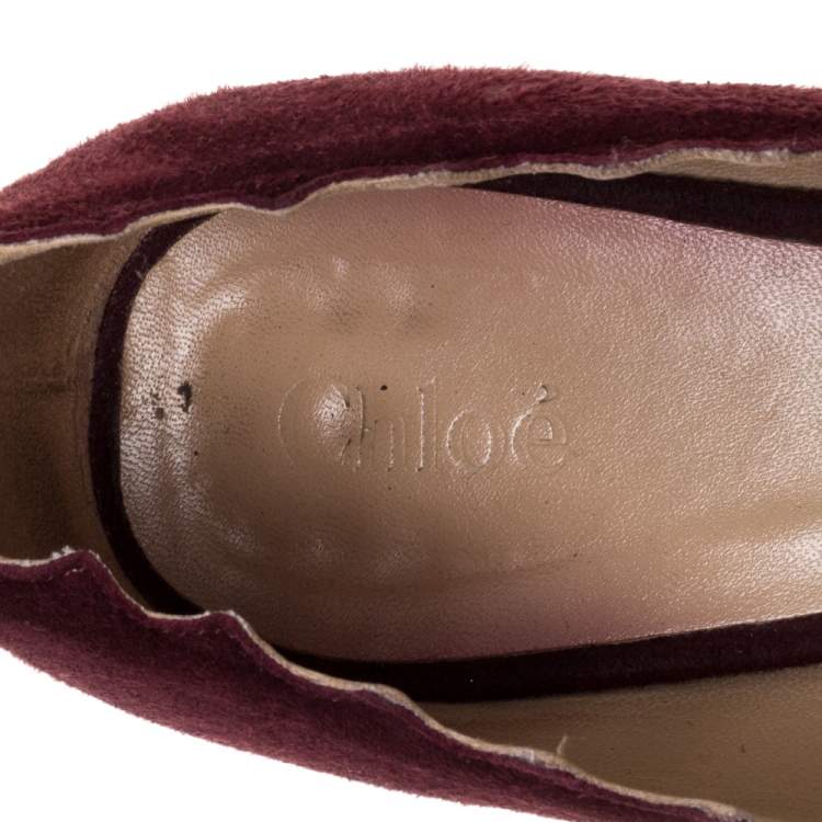 Pre Owned Chloe Burgundy Suede Lauren Scallop Trim Block Heel Pumps Size 39.5