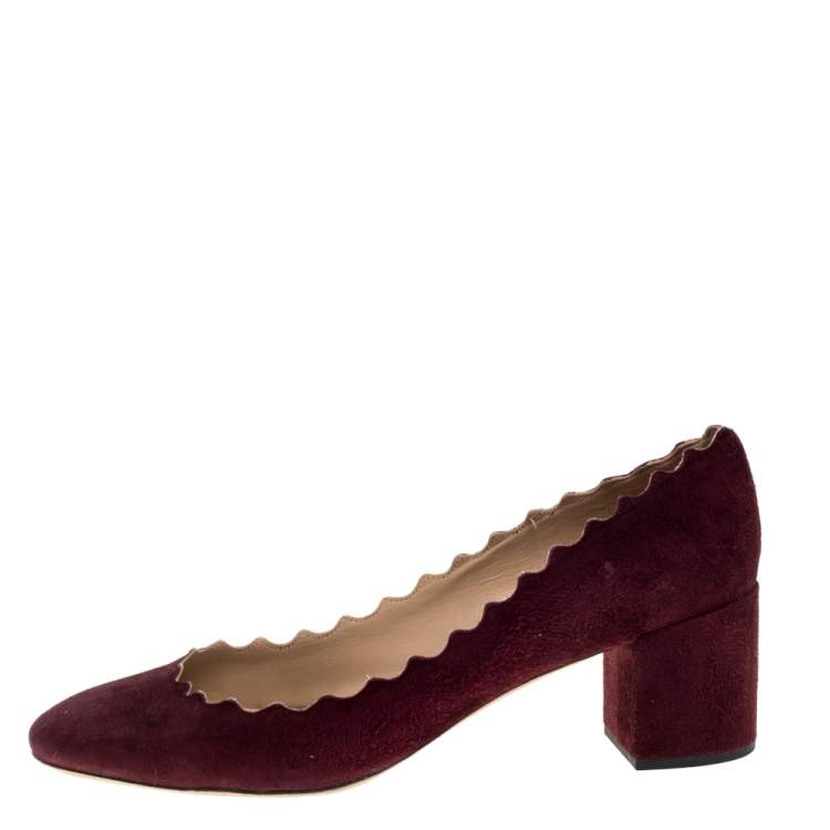 Pre Owned Chloe Burgundy Suede Lauren Scallop Trim Block Heel Pumps Size 39.5