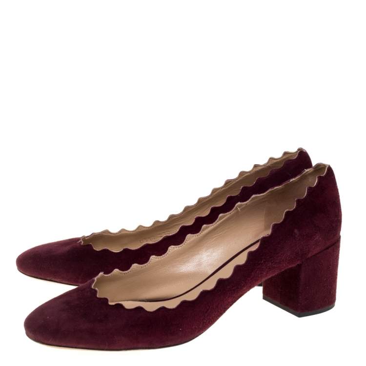 Pre Owned Chloe Burgundy Suede Lauren Scallop Trim Block Heel Pumps Size 39.5