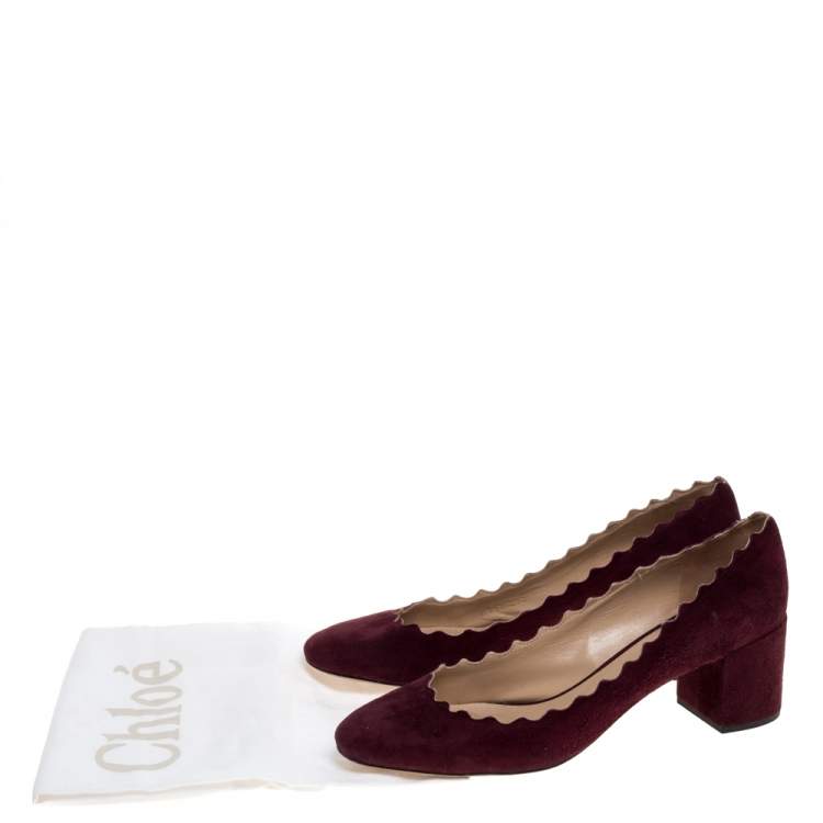 Pre Owned Chloe Burgundy Suede Lauren Scallop Trim Block Heel Pumps Size 39.5