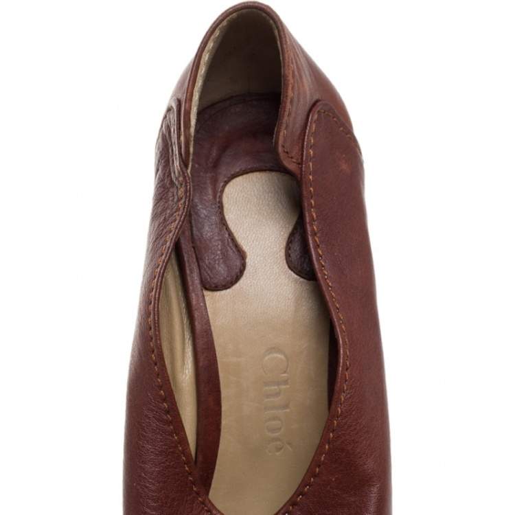 Pre Owned Chloe Brown Leather Lucite And Wood Chunky Heel Platform Peep Toe Pumps Size 37