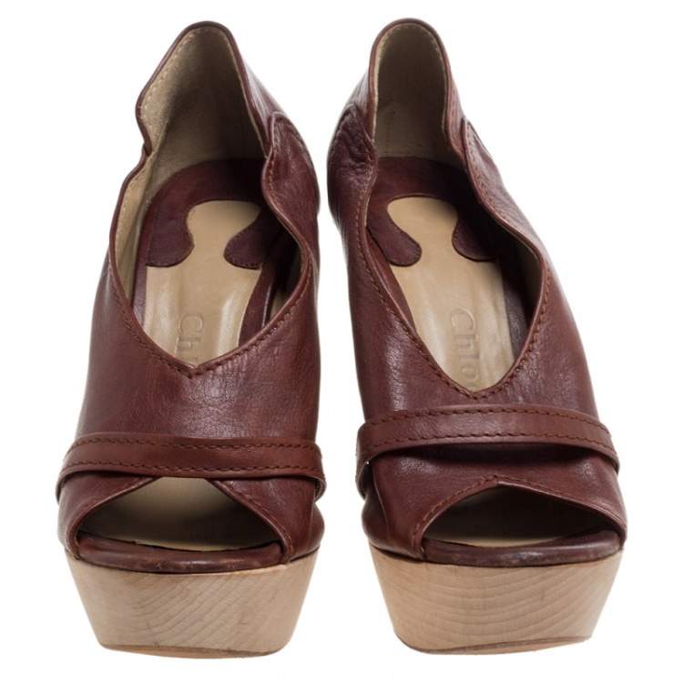 Pre Owned Chloe Brown Leather Lucite And Wood Chunky Heel Platform Peep Toe Pumps Size 37