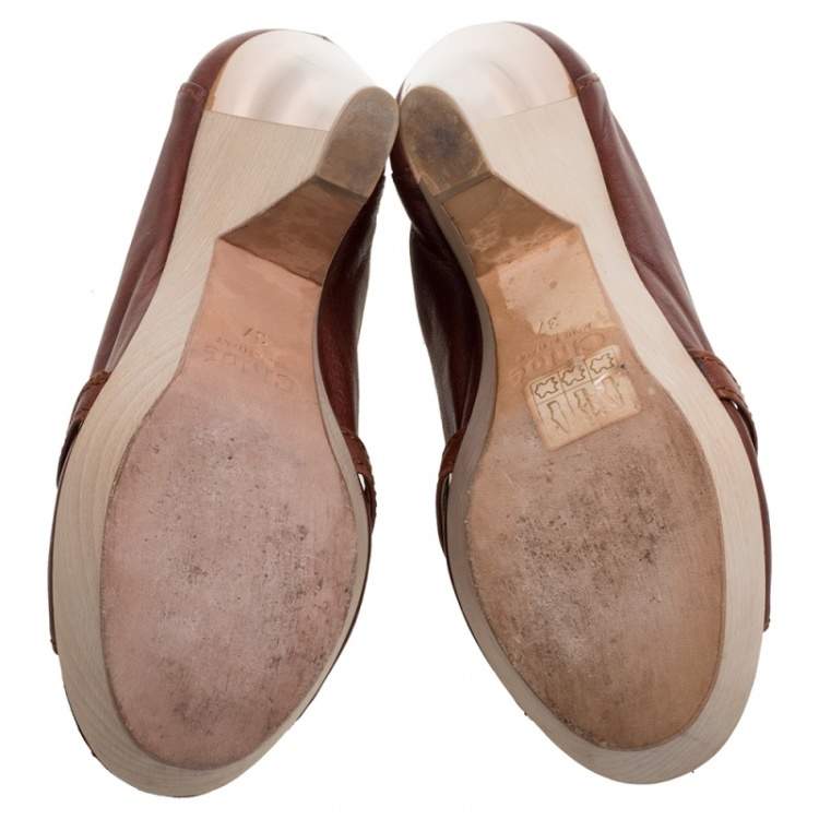 Pre Owned Chloe Brown Leather Lucite And Wood Chunky Heel Platform Peep Toe Pumps Size 37