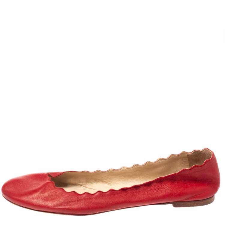 Pre Owned Chloe Red Leather Lauren Scalloped Ballet Flats Size 39.5