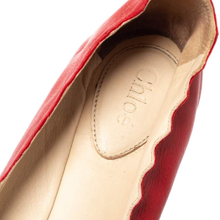 Pre Owned Chloe Red Leather Lauren Scalloped Ballet Flats Size 39.5