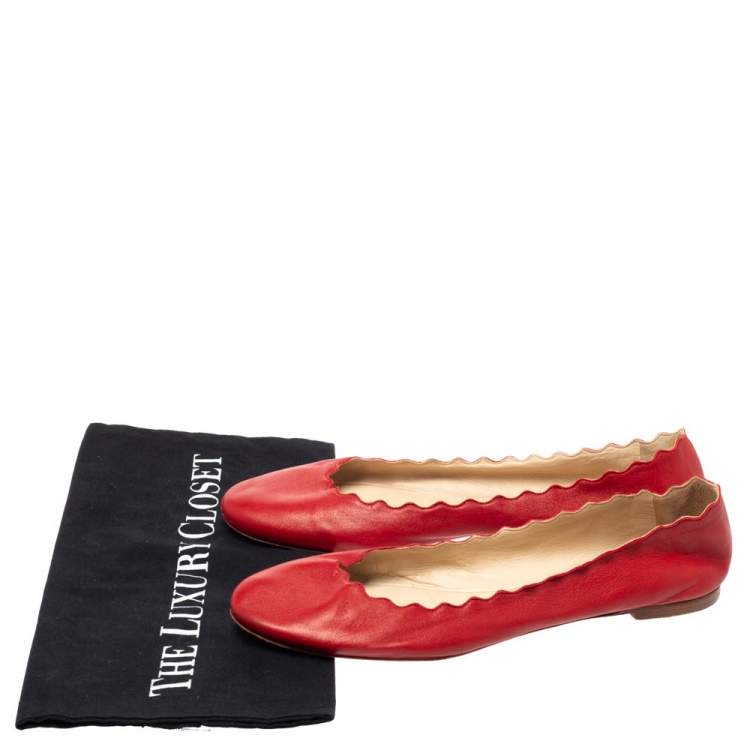 Pre Owned Chloe Red Leather Lauren Scalloped Ballet Flats Size 39.5