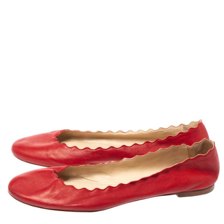 Pre Owned Chloe Red Leather Lauren Scalloped Ballet Flats Size 39.5