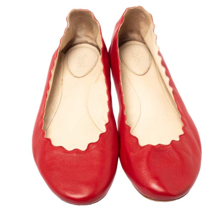 Pre Owned Chloe Red Leather Lauren Scalloped Ballet Flats Size 39.5