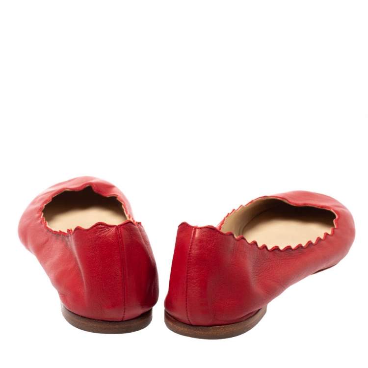 Pre Owned Chloe Red Leather Lauren Scalloped Ballet Flats Size 39.5