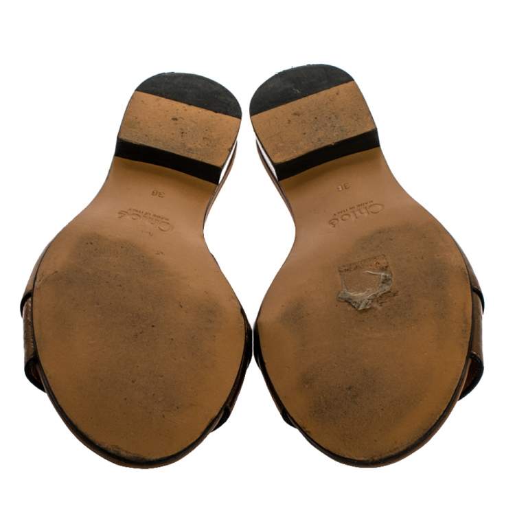 Pre Owned Chloe Golden Leather C Logo Flat Slides Size 36