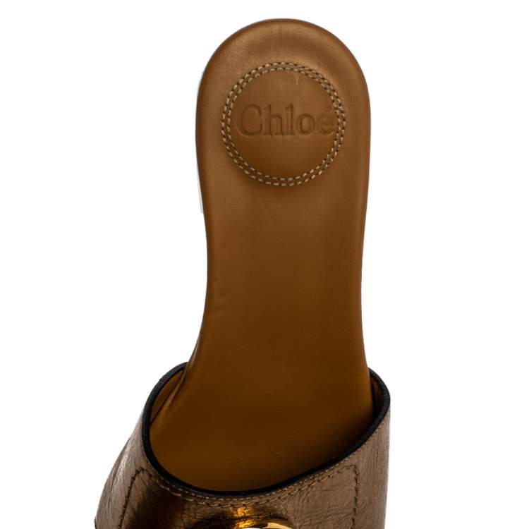 Pre Owned Chloe Golden Leather C Logo Flat Slides Size 36