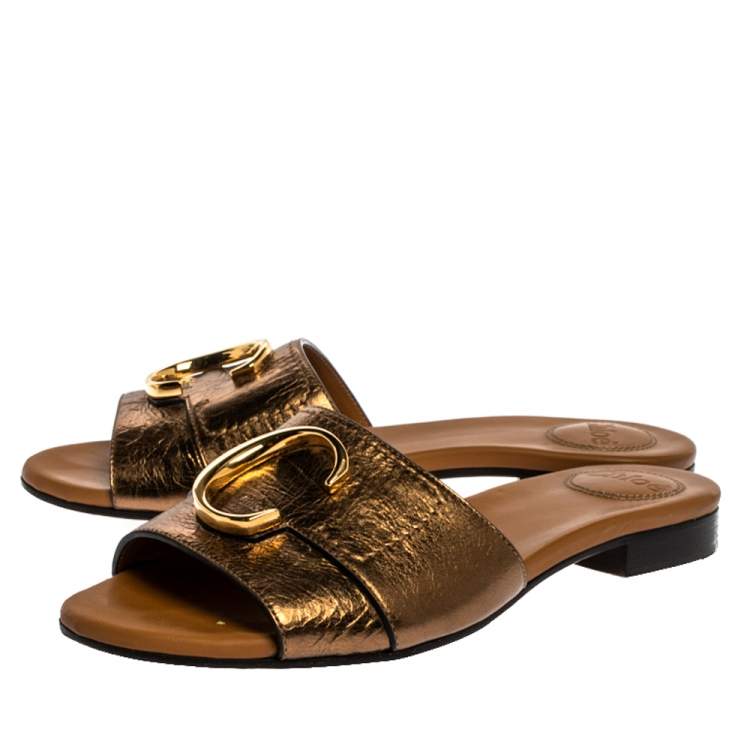 Pre Owned Chloe Golden Leather C Logo Flat Slides Size 36