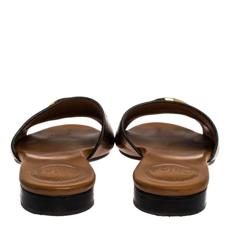Pre Owned Chloe Golden Leather C Logo Flat Slides Size 36